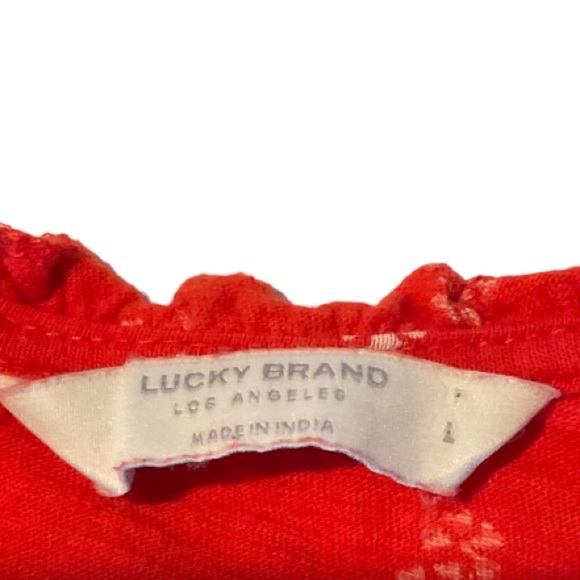 Lucky Brand Red Floral Smocked Blouse Short Sleeve Ruffle Neck Sz L - Picture 5 of 7